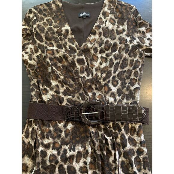 Oleg Cassini Animal Print Cocktail Event Dress Medium Belted‎ Faux Wrap Mini Mob - Picture 7 of 13